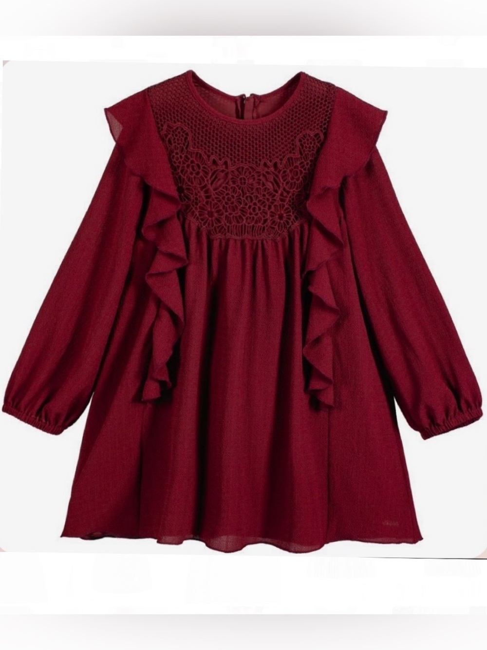 Chloe Girls Crepe Ruffle Lace Dress, Deep Red, Size 6A